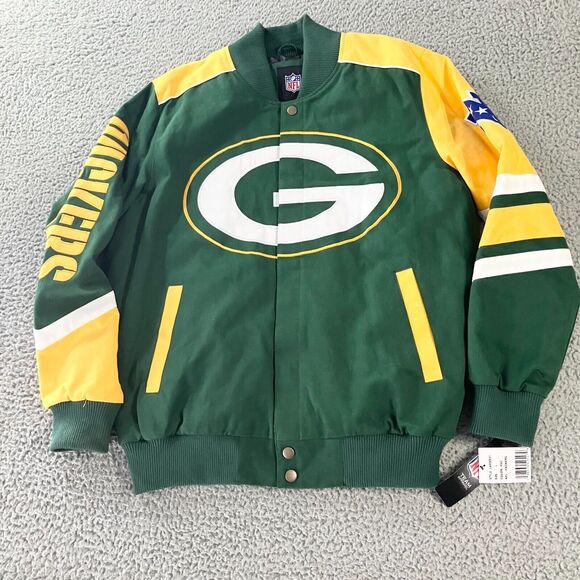 G‎ III Green Bay Packers Jacket Mens Large Green Yellow Snap Button Logo NFL New